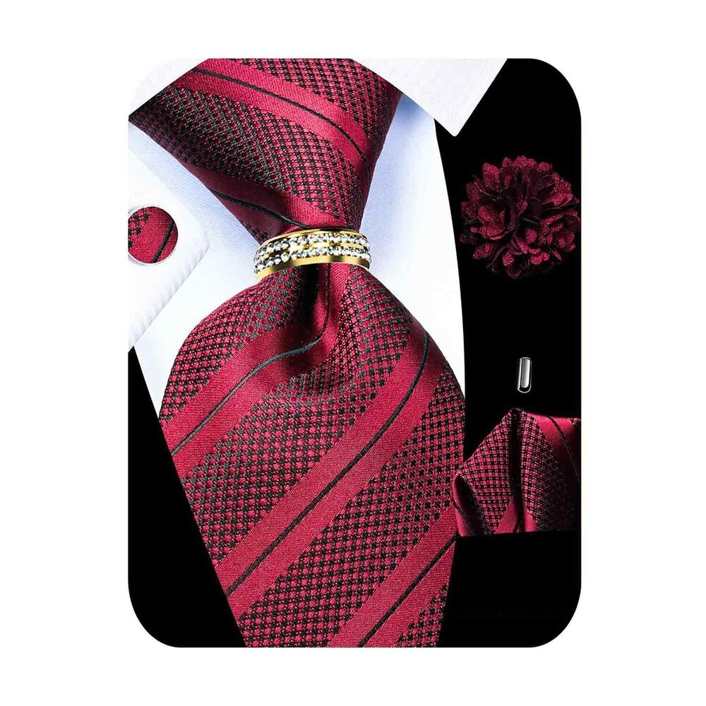 3502 5PCS Burgungy Tie and Pocket Square , Silk Necktie and Handkerchief